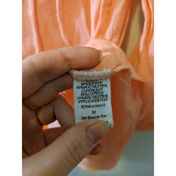 Womens Peach Orange Button Up Blouse Lace Panel Lagenlook Boho Sheer Pastel M - Picture 10 of 11